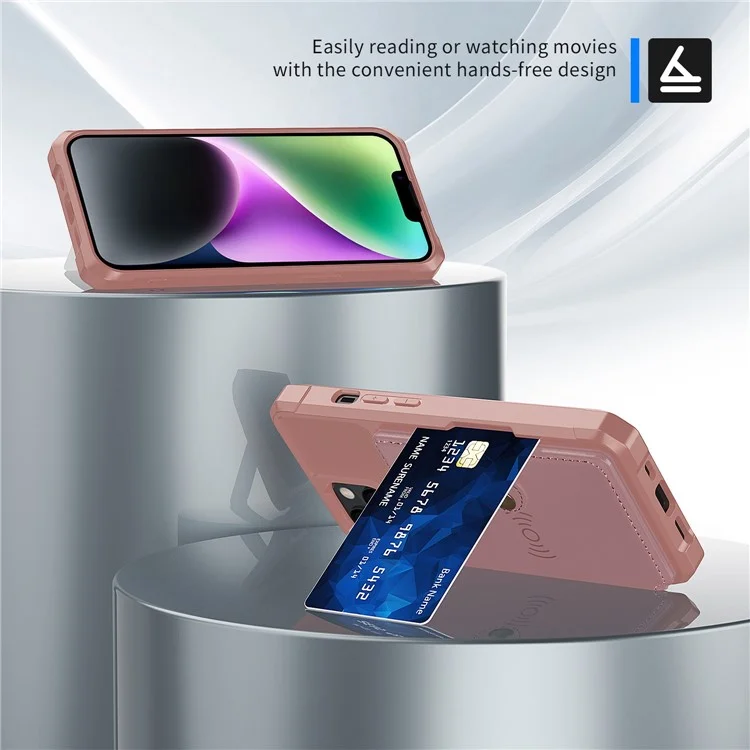 ZM03 Phone Case Kickstand Для Iphone 14 Plus, Держатель Кошелька Для Выпадения Телефона с Магнитным Металлическим Листом с Магнитным Металлическим Листом - Розовый
