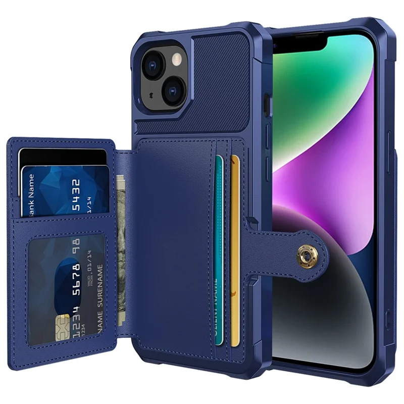 ZM03 Phone Case Kickstand for iPhone 14 Plus, Wallet Card Holder Drop-proof Phone Back Cover with Magnetic Metal Sheet - Blue