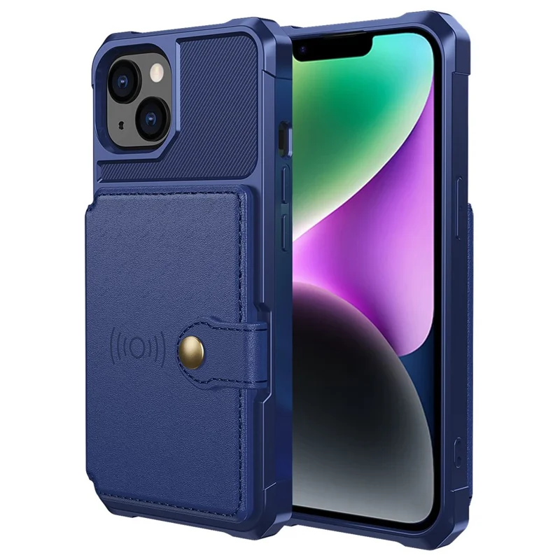ZM03 Phone Case Kickstand for iPhone 14 Plus, Wallet Card Holder Drop-proof Phone Back Cover with Magnetic Metal Sheet - Blue
