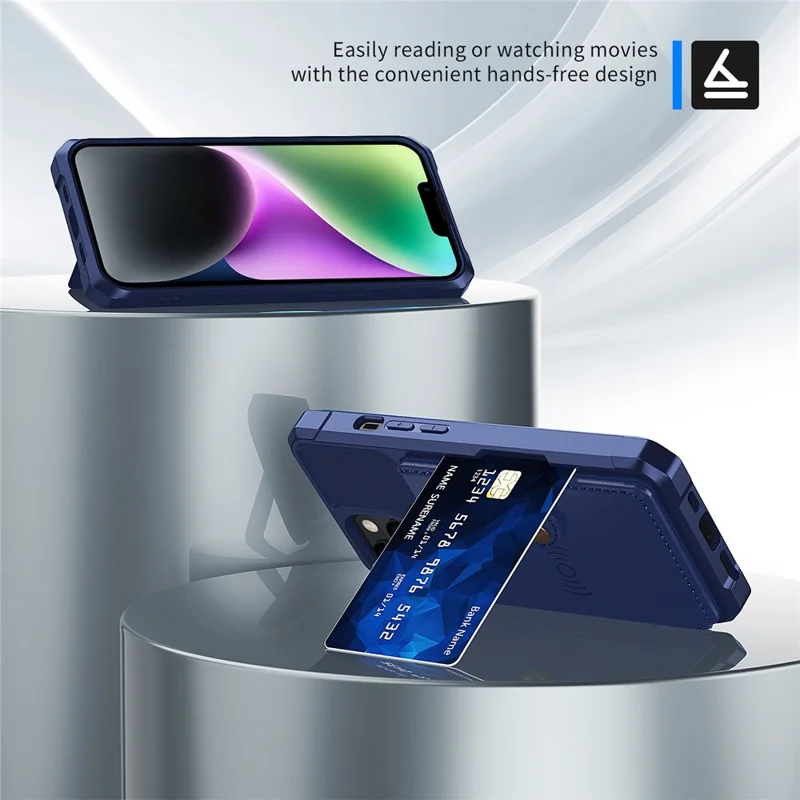 ZM03 Phone Case Kickstand for iPhone 14 Plus, Wallet Card Holder Drop-proof Phone Back Cover with Magnetic Metal Sheet - Blue