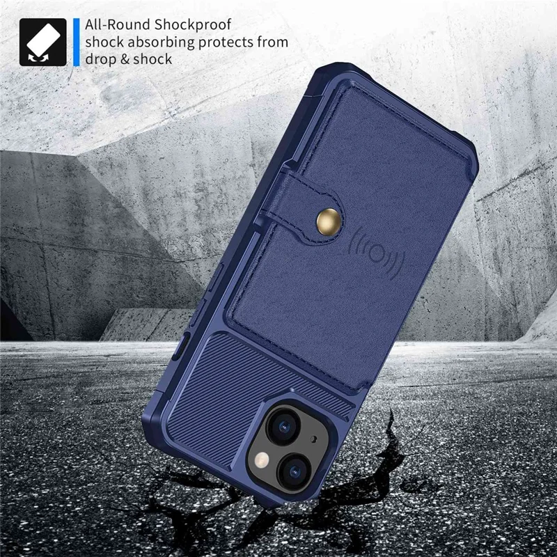 ZM03 Phone Case Kickstand for iPhone 14 Plus, Wallet Card Holder Drop-proof Phone Back Cover with Magnetic Metal Sheet - Blue