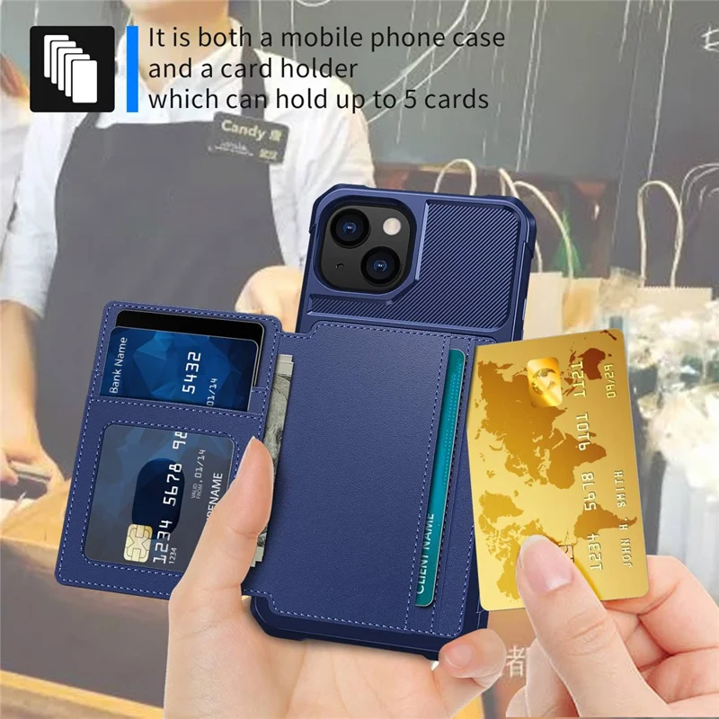 ZM03 Phone Case Kickstand for iPhone 14 Plus, Wallet Card Holder Drop-proof Phone Back Cover with Magnetic Metal Sheet - Blue
