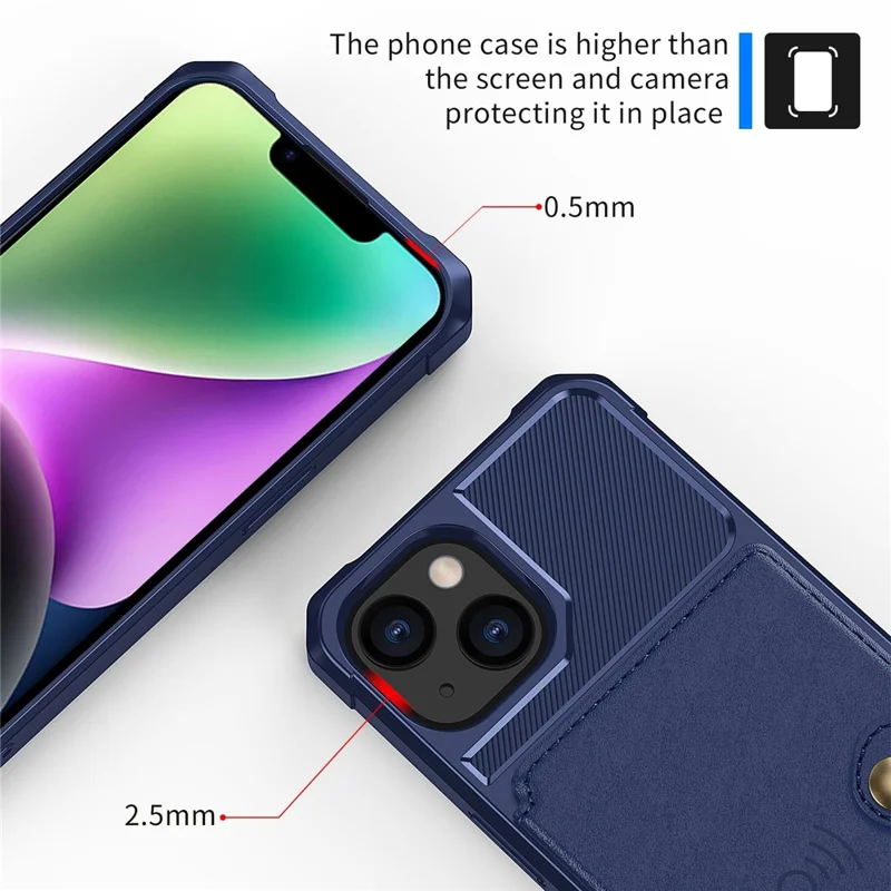 ZM03 Phone Case Kickstand for iPhone 14 Plus, Wallet Card Holder Drop-proof Phone Back Cover with Magnetic Metal Sheet - Blue