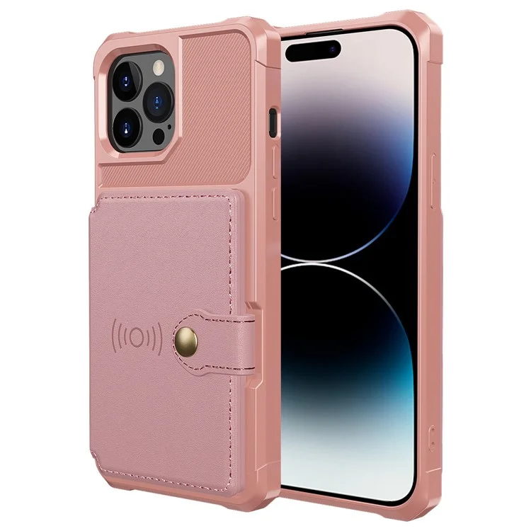 ZM03 Phone Case for iPhone 14 Pro Max, Wallet Kickstand Anti-scratch Phone Cover with Magnetic Metal Sheet - Pink