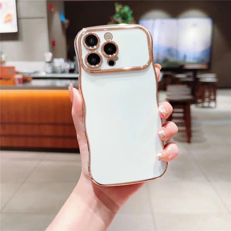 iPhone 15 Pro Max-hoes met krullend golfraam Elektrolytisch TPU-achterkant - Ivoorwit