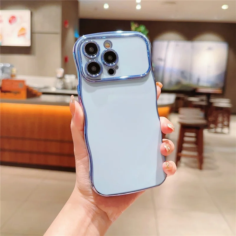 For iPhone 15 Pro Max Case Curly Wave Frame Shape Electroplating TPU Back Cover - Blue
