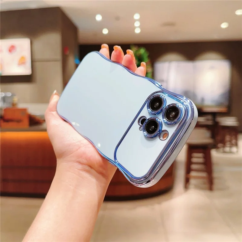 For iPhone 15 Pro Max Case Curly Wave Frame Shape Electroplating TPU Back Cover - Blue