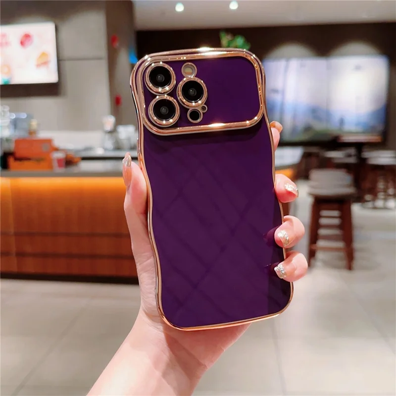 For iPhone 15 Pro Max Case Curly Wave Frame Shape Electroplating TPU Back Cover - Dark Purple