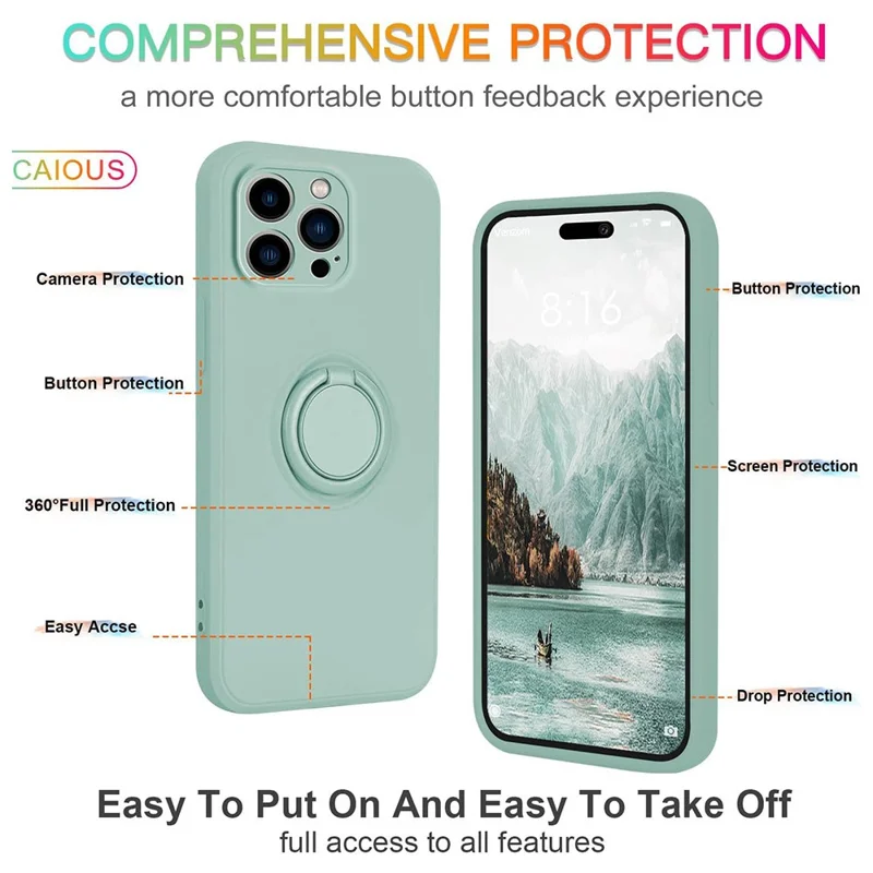 For iPhone 16 Pro Silicone Case with Strap Ring Kickstand Phone Cover - Light Green