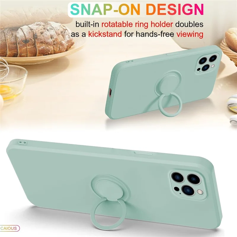 For iPhone 16 Pro Silicone Case with Strap Ring Kickstand Phone Cover - Light Green