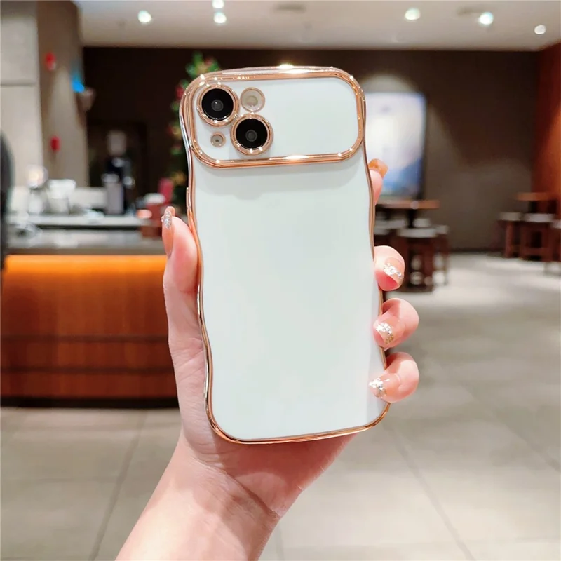 For iPhone 14 Case Curly Wave Frame Shape Electroplating TPU Back Cover - Ivory White