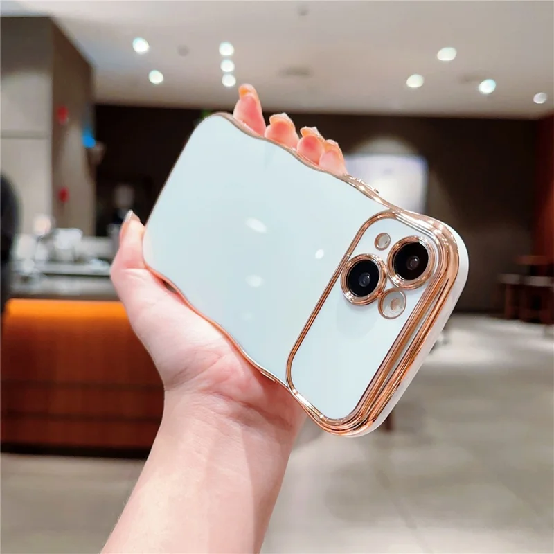 For iPhone 14 Case Curly Wave Frame Shape Electroplating TPU Back Cover - Ivory White