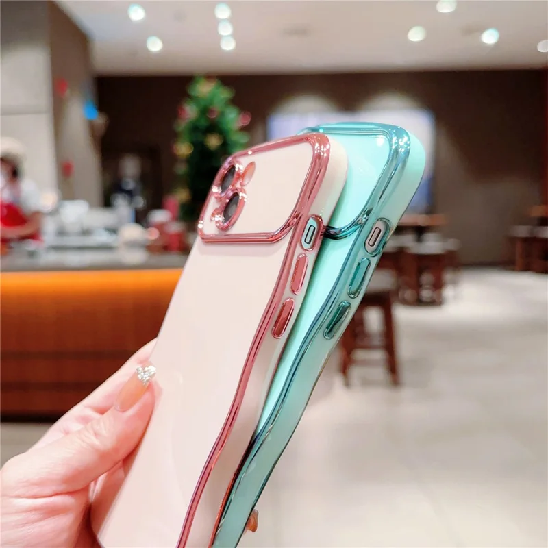 For iPhone 14 Case Curly Wave Frame Shape Electroplating TPU Back Cover - Ivory White