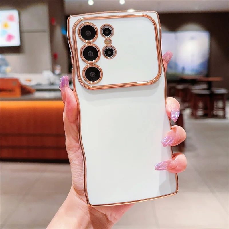 For Samsung Galaxy S24 Ultra Case Curly Wave Frame TPU Phone Cover Electroplating Large Window - Ivory White