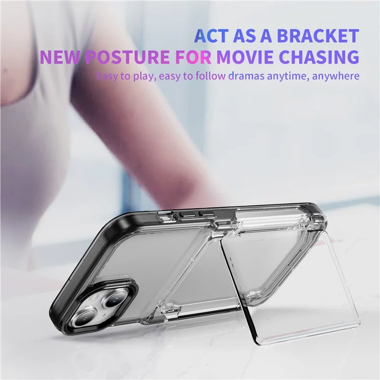 For iPhone 13 / 14 Case TPU + Acrylic Phone Cover with Card Holder Kickstand - Transparent Black