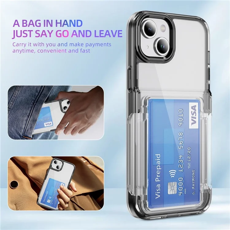For iPhone 13 / 14 Case TPU + Acrylic Phone Cover with Card Holder Kickstand - Transparent Black