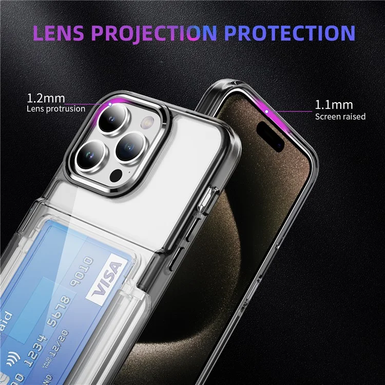 Funda transparente para iPhone 15 Pro de TPU + soporte para tarjetas acrílico - Negro transparente
