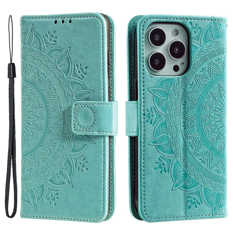 For iPhone 16 Pro Stand Case Imprinted Totem PU Leather Wallet Phone Cover - Mint Green