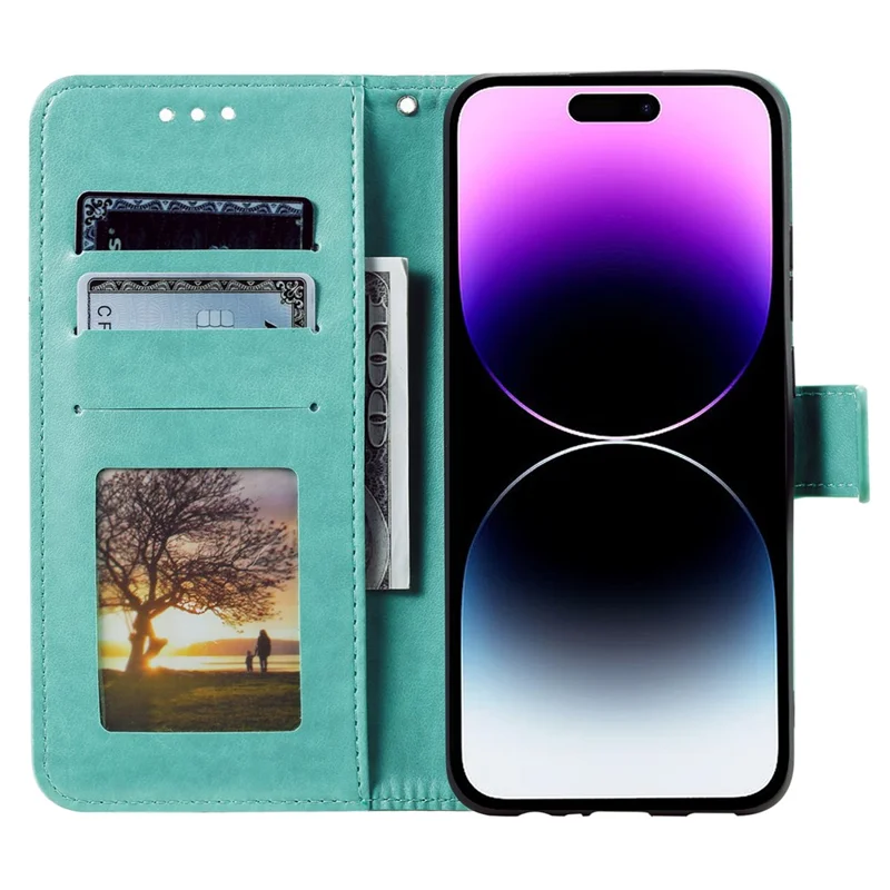 For iPhone 16 Pro Stand Case Imprinted Totem PU Leather Wallet Phone Cover - Mint Green