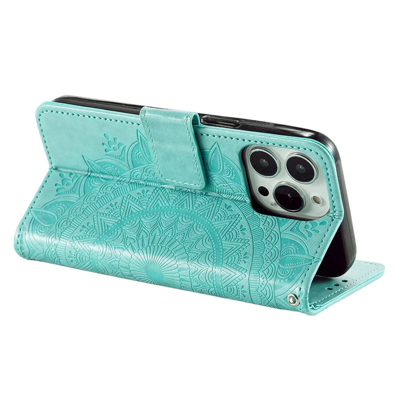 For iPhone 16 Pro Stand Case Imprinted Totem PU Leather Wallet Phone Cover - Mint Green