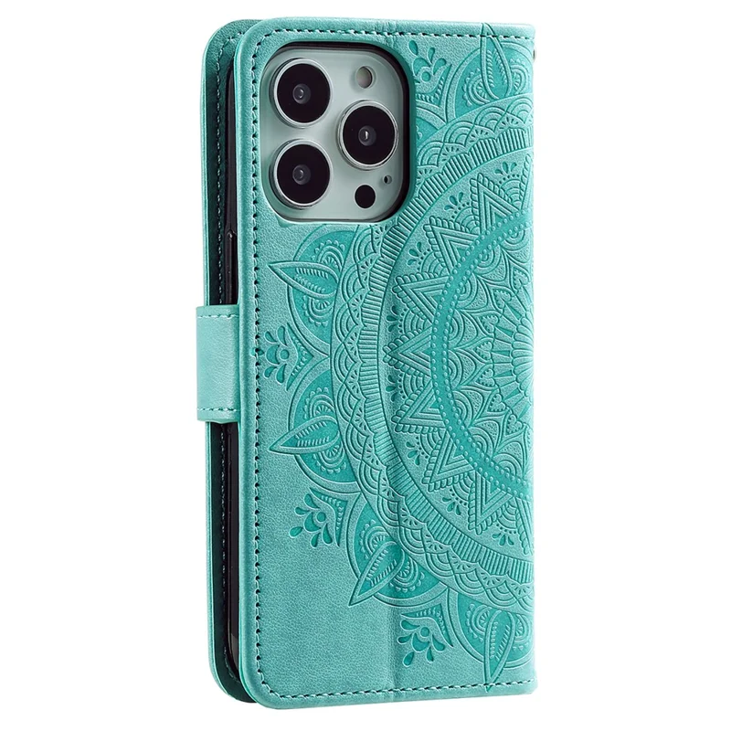 For iPhone 16 Pro Stand Case Imprinted Totem PU Leather Wallet Phone Cover - Mint Green