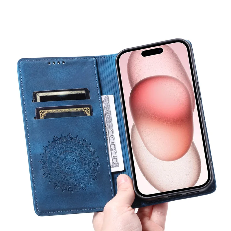 For iPhone 16 Pro Case Imprinted Mandala Leather Magnetic Closure Phone Cover - Blue