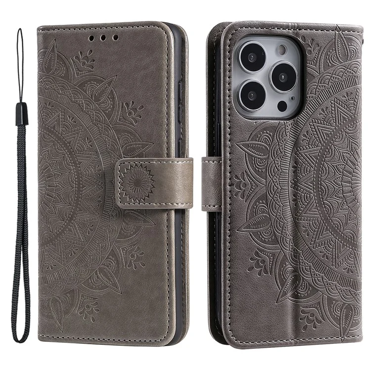 Für iPhone 16 Pro Max Stand Case Bedruckter Totem PU-Leder Brieftasche Handyhülle - Grau