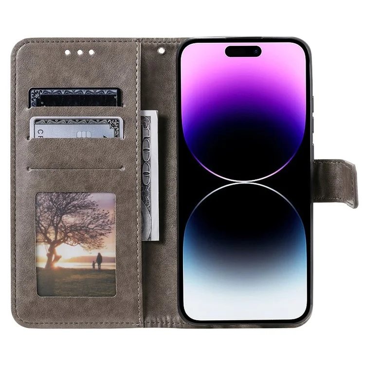 Für iPhone 16 Pro Max Stand Case Bedruckter Totem PU-Leder Brieftasche Handyhülle - Grau