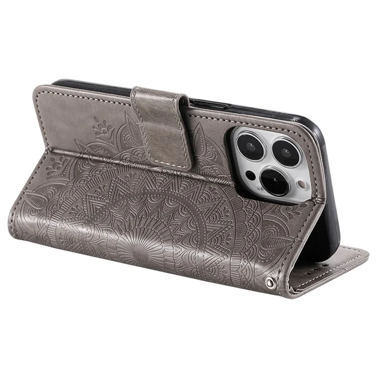 Für iPhone 16 Pro Max Stand Case Bedruckter Totem PU-Leder Brieftasche Handyhülle - Grau