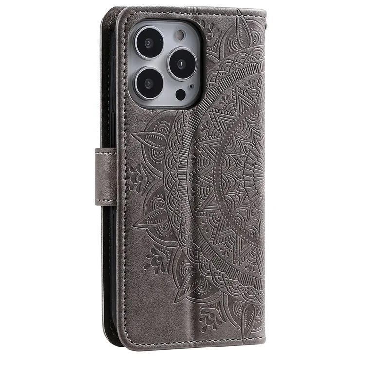 Für iPhone 16 Pro Max Stand Case Bedruckter Totem PU-Leder Brieftasche Handyhülle - Grau