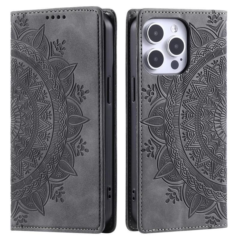 For iPhone 16 Pro Max Case Imprinted Mandala Leather Magnetic Closure Phone Cover - Grey