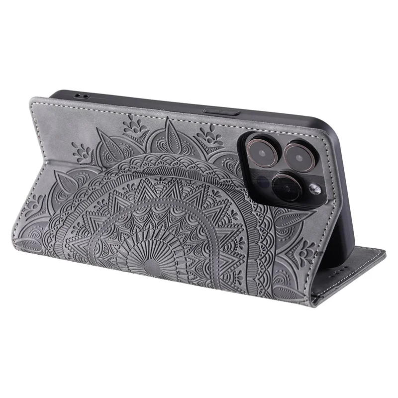 For iPhone 16 Pro Max Case Imprinted Mandala Leather Magnetic Closure Phone Cover - Grey