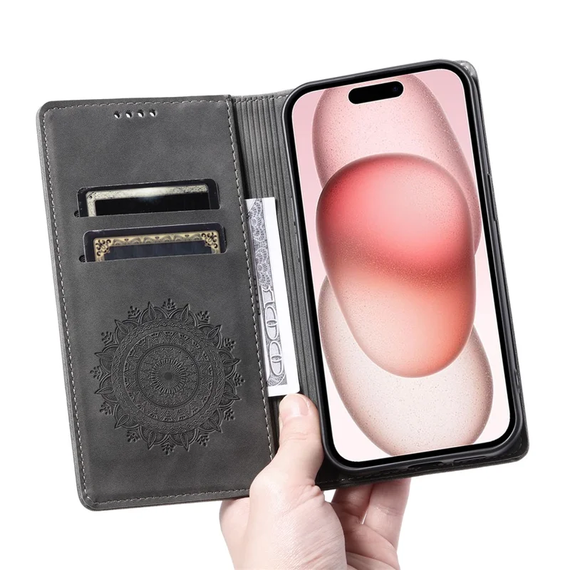 For iPhone 16 Pro Max Case Imprinted Mandala Leather Magnetic Closure Phone Cover - Grey