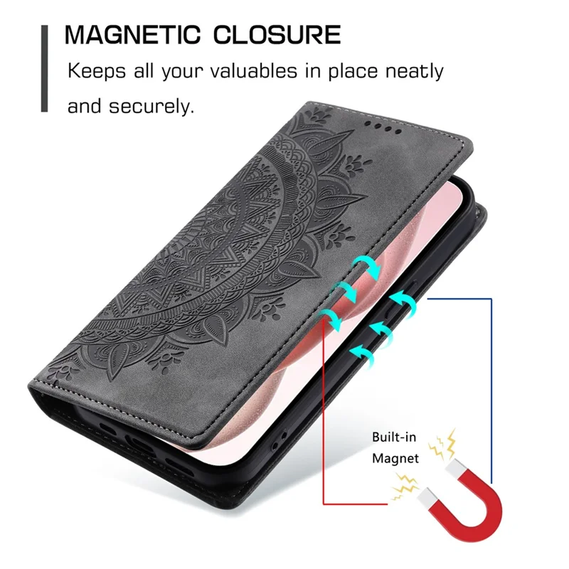 For iPhone 16 Pro Max Case Imprinted Mandala Leather Magnetic Closure Phone Cover - Grey