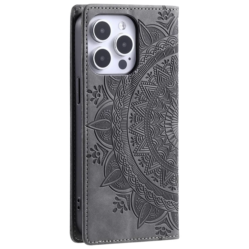 For iPhone 16 Pro Max Case Imprinted Mandala Leather Magnetic Closure Phone Cover - Grey