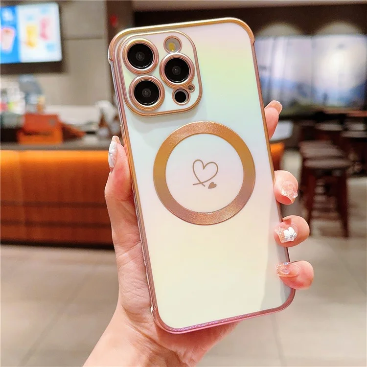 Pour iPhone 15 Pro Max Étui Magnétique Cas TPU Love Heart Pattern Gradient Phone Cover - Colorful White