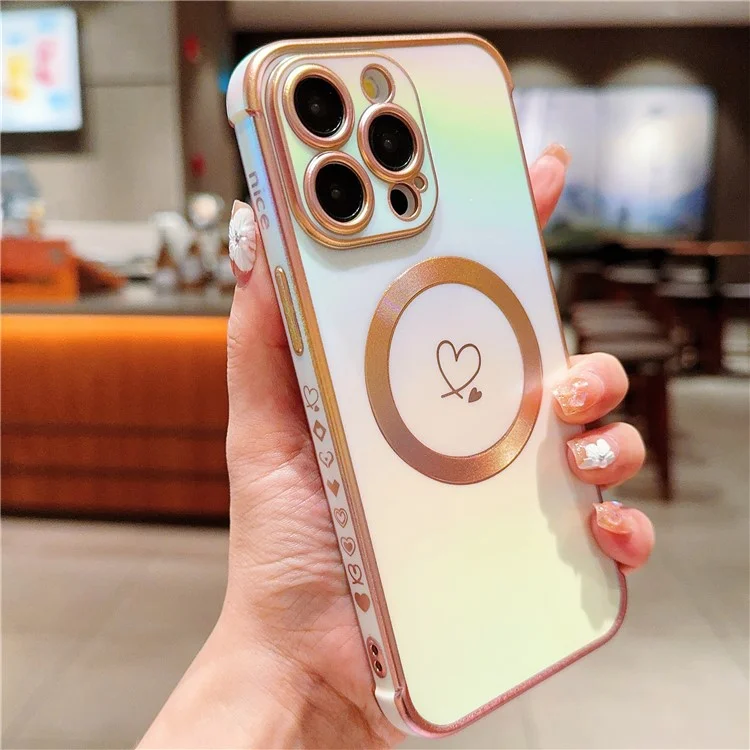 Pour iPhone 15 Pro Max Étui Magnétique Cas TPU Love Heart Pattern Gradient Phone Cover - Colorful White