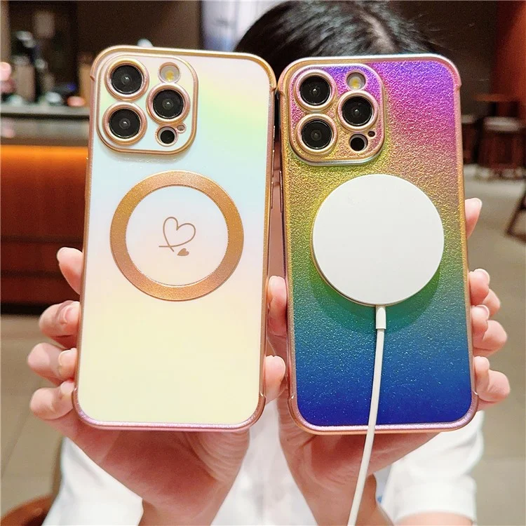 Pour iPhone 15 Pro Max Étui Magnétique Cas TPU Love Heart Pattern Gradient Phone Cover - Colorful White