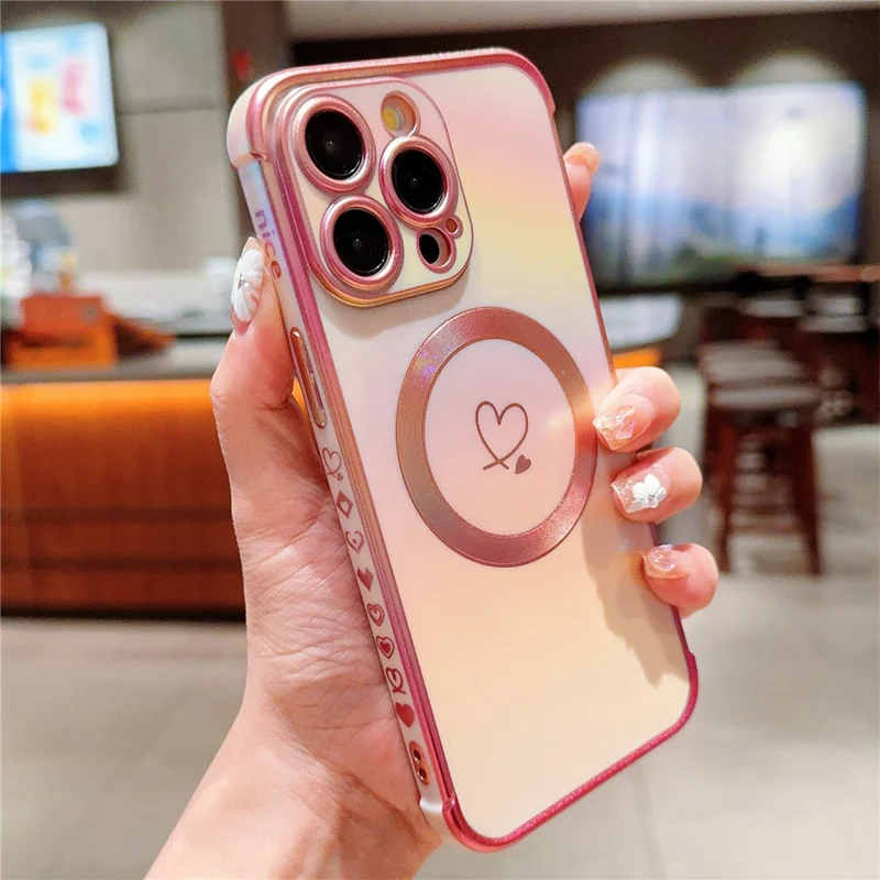 For iPhone 15 Pro Max Magnetic Case TPU Love Heart Pattern Gradient Phone Cover - Colorful Pink