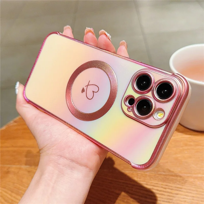 For iPhone 15 Pro Max Magnetic Case TPU Love Heart Pattern Gradient Phone Cover - Colorful Pink