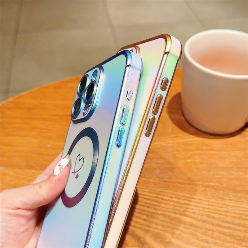 For iPhone 15 Pro Max Magnetic Case TPU Love Heart Pattern Gradient Phone Cover - Colorful Pink