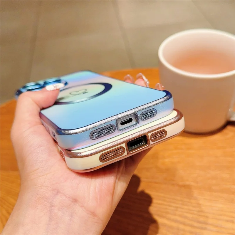 For iPhone 15 Pro Max Magnetic Case TPU Love Heart Pattern Gradient Phone Cover - Colorful Pink