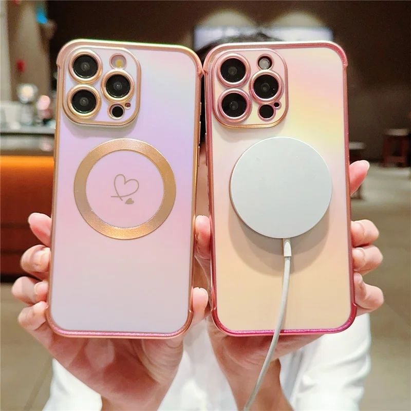 For iPhone 15 Pro Max Magnetic Case TPU Love Heart Pattern Gradient Phone Cover - Colorful Pink