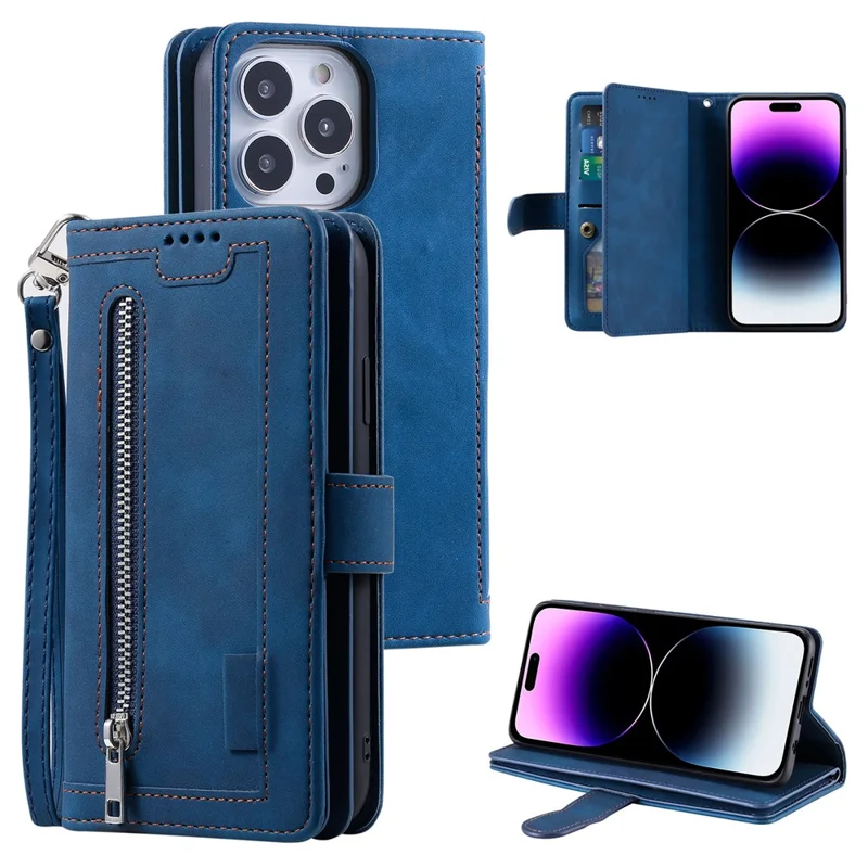 Para iPhone 16 Pro Case PU Leather Phone Cover com Bolso com Zíper 9 Slots de Cartão - Azul