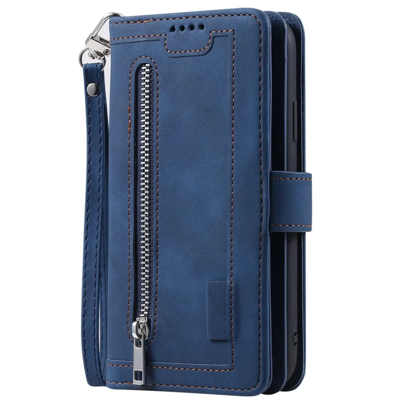 Para iPhone 16 Pro Case PU Leather Phone Cover com Bolso com Zíper 9 Slots de Cartão - Azul