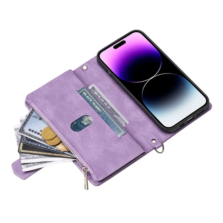 Estilo 005 para iPhone 16 Pro Zipper Wallet Case Rhombus Stitching Line PU Leather Phone Cover - Roxo