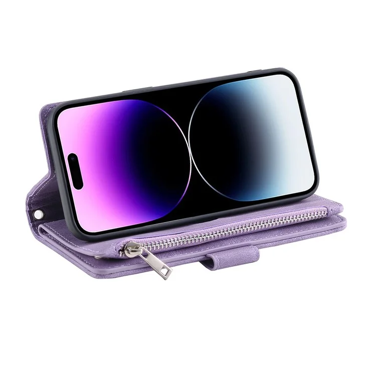 Estilo 005 para iPhone 16 Pro Zipper Wallet Case Rhombus Stitching Line PU Leather Phone Cover - Roxo