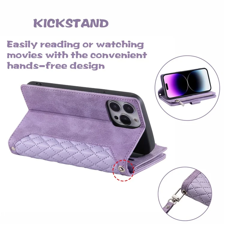 Estilo 005 para iPhone 16 Pro Zipper Wallet Case Rhombus Stitching Line PU Leather Phone Cover - Roxo