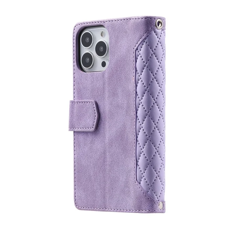Estilo 005 para iPhone 16 Pro Zipper Wallet Case Rhombus Stitching Line PU Leather Phone Cover - Roxo