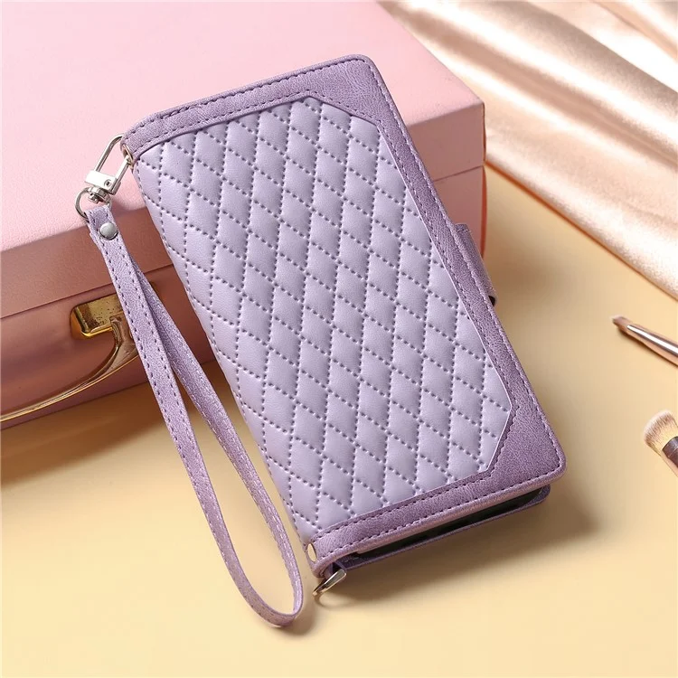Estilo 005 para iPhone 16 Pro Zipper Wallet Case Rhombus Stitching Line PU Leather Phone Cover - Roxo